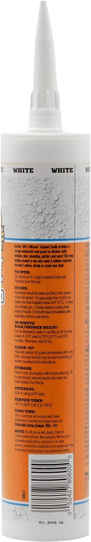 Gorilla 100 Percent Silicone Sealant Caulk, Waterproof and Mold & Mildew Resistant, White,10 ounce Cartridge (Pack of 1),8060002