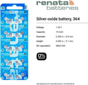 Renata 364 SR621SW Watch Battery Pack of 10 Silver Oxide