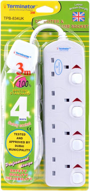 834UK 4 way UK Sockets Power Extension with individual switches, 3Meter Cable & UK plug - ESMA approved