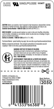 Duracell 2032 Lithium Battery, 2 Count (Pack of 1), Child Safety Features, Compatible with Key Fob, Tea Light Candles and Other Devices, CR2032 Battery