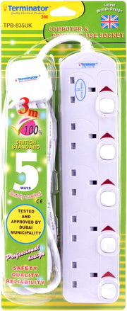 835UK 5 way UK Sockets Power Extension with individual switches, 3Meter Cable & UK plug - ESMA approved