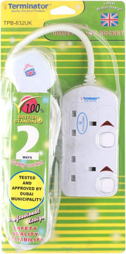 832UK 2 way UK Sockets Power Extension with 3Meter Cable & UK plug - ESMA approved and - British Standard Design-Terminator