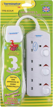833UK 3 way UK Sockets Power Extension with 3Meter Cable & UK plug - ESMA approved and - British Standard Design-Terminator