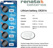 Renata CR2016 Watch Batteries 5Pcs