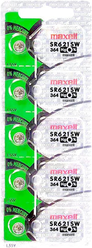 Maxell Men's/Women's Watch Battery Button Cell SR621SW SR-621SW 364 (Pack of 5)