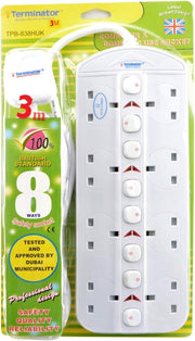 838uk 8 way uk sockets power extension with individual switches, 3meter cable & uk plug - esma approved and - british standard design-terminator