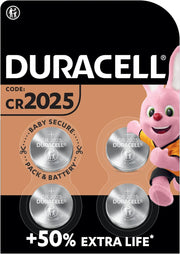 Duracell Specialty 2025 Lithium Coin Battery 3V, pack of 4, with Baby Secure Technology and suitable for keyfobs, scales, wearables and medical devices (DL2025/CR2025)