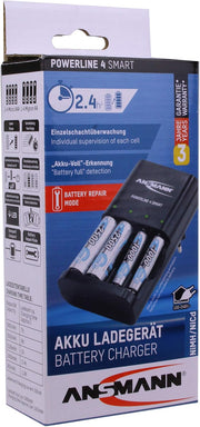 ANSMANN Powerline 4 Smart AA & AAA Battery Charger For NiMH NiCD Rechargeable Batteries with UK Plug and Multi LED Colour Display - Fast Individual Charging and Monitoring - 3 Yr Warranty