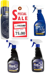 HTE - MANNOL Premium Exterior Showroom-Ready Finish: Tire Cleaner, Shampoo & Wax, Windshield Washer, Speed Wax, Universal Cleaner, and Rim Cleaner (9673-9972 - 9975-9977)