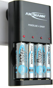 ANSMANN Powerline 4 Smart AA & AAA Battery Charger For NiMH NiCD Rechargeable Batteries with UK Plug and Multi LED Colour Display - Fast Individual Charging and Monitoring - 3 Yr Warranty