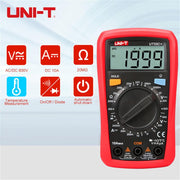 Uni-T Digital Multimeter Voltage Current Resistance Ohm Capacitance NCV Tester LCD Backlite Red and grey 134mm x 77mm 47mm, Ut33c+