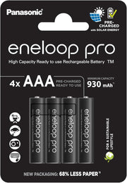 Eneloop Panasonic pro ready-to use Ni-MH battery, AAA/Micro, 4-pack, min. 930 mAh, 500-charge cycle life, very high power performance & low self-discharge, plastic free packaging