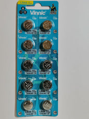 Vinnic AG13 L1154 LR44 A76 157 V13GA RW82 Alkaline Battery (10 Pack) used in Watches, Calculators, Toys, Lasers, Clocks, Thermometers, and many other electronic items.