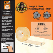 Gorilla Tough & Clear Double Sided Adhesive Mounting Tape, Extra Large, 1" x 150", Clear, (Pack of 1)